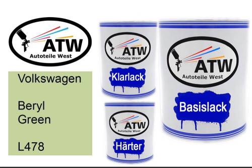 Volkswagen, Beryl Green, L478: 1L Lackdose + 1L Klarlack + 500ml Härter - Set, von ATW Autoteile West.